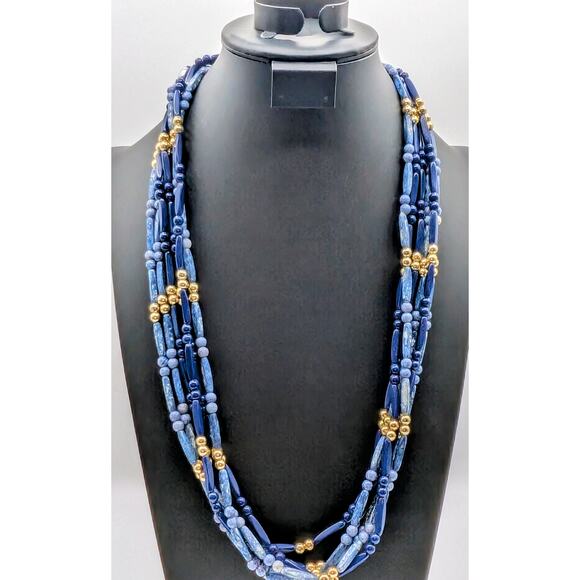 VTG Six Strand Layered Multi Shades of Blue Elliptical Gold Bead 30" Necklace - Picture 1 of 6